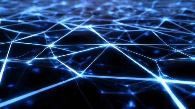 Dynamic blue lines form a complex network pattern, symbolizing digital communication and information exchange. This modern abstract background evokes innovation and advanced technology