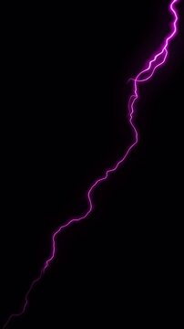 lightning bolt striking purple on dark black background. Dramatic electric energy flash, vertical video 