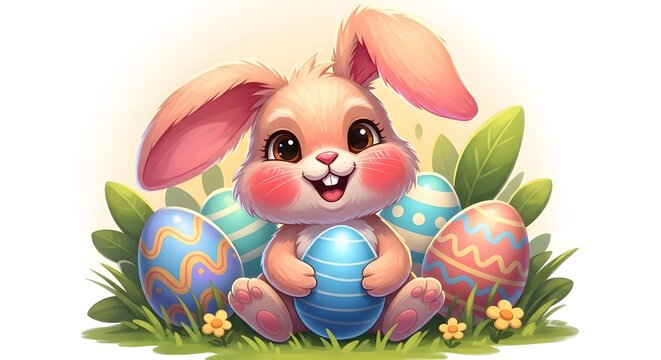 Ester sunday easter bunny holding eggs in grass