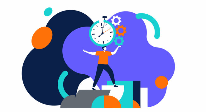 Man balances a large analog clock overhead while holding gears, surrounded by dynamic purple, orange, and teal abstract fluid shapes representing time management strategies.