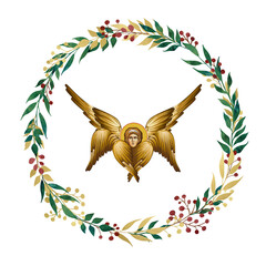 Naklejka premium The Seraphim. Decorative vintage floral wreath, illustration in Byzantine style isolated