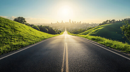 Obraz premium Scenic highway leading towards a distant city skyline at sunrise with soft morning light.