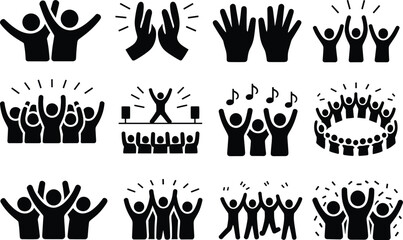 Crowd cheering icons collection with raised hands, concert audience silhouettes, party celebration symbols, music festival people vector set isolated on white background © Itz Mehedi