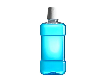 Transparent bottle with bright blue liquid and white cap