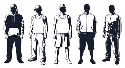 Five anonymous male figures in casual streetwear clothing stand in a row on white background