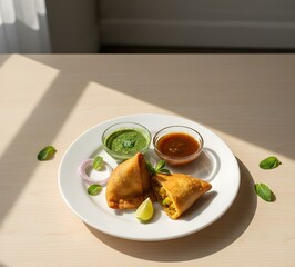 Traditional Indian Snacks Plate with Crispy Samosas, Chutney, and Stuffed Paratha on Neutral Background.