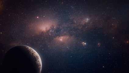 Fototapeta premium Mysterious rocky planet foreground with distant Milky Way nebula and starfield, awe inspiring