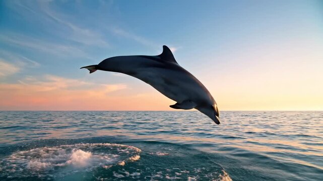Majestic dolphin leaps joyfully from the ocean waves at sunset with a clear sky
