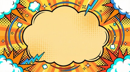 Obraz premium Vibrant Pop Art Comic Background with Empty Speech Bubble for Dynamic Text and Energetic Messages, featuring Explosive Starbursts and Halftone Dots