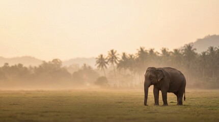 Thai elephant in tropical forest at golden sunset