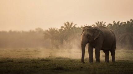 Fototapeta premium Thai elephant in tropical forest at golden sunset
