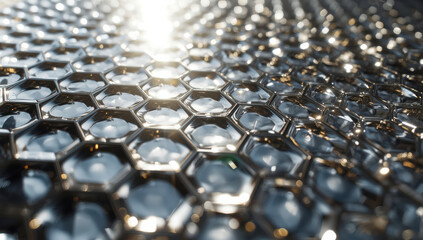 Obraz premium Glossy metallic honeycomb surface with reflective liquid cells and warm highlights