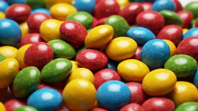Close-up macro shot of colorful candy-coated chocolate candies in a pile