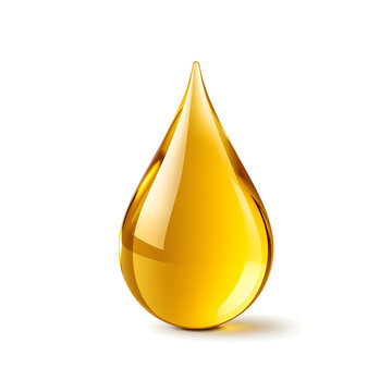 A glossy golden oil drop on a white background, featuring a smooth teardrop shape with realistic reflections and highlights.