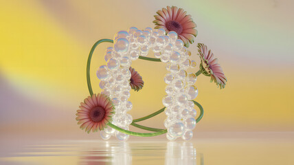 Obraz premium Ethereal arch of iridescent bubbles adorned with pink gerbera daisies and a green vine on a reflective surface against a yellow purple gradient background in soft light