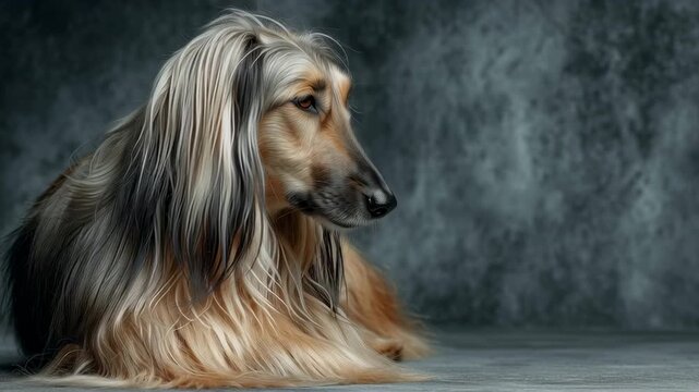Afghan hound portrait with long silky coat in moody studio
