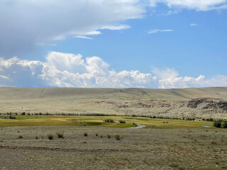 Steppe against the background of the Altai mountains on a beautiful cloudy day.