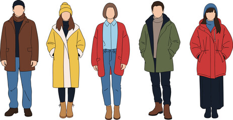 Diverse group of people in colorful winter coats jackets parkas hoodies beanies standing confidently vector illustration casual seasonal fashion © Shahanaj