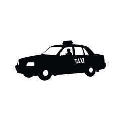 Fototapeta premium taxi silhouette vector illustration, Classic black and white taxi cab silhouette vector illustration with driver and roof light