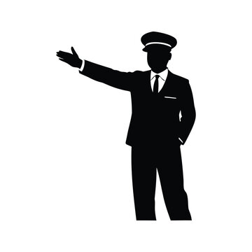 train conductor signaling silhouette vector illustration, Professional traffic conductor directing with cap and suit silhouette vector illustration for transportation design