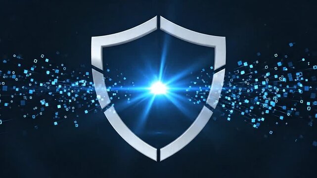 A silver shield with a bright starburst effect, symbolizing security and protection, set against a dark blue background with scattered blue particles, viewed from a straightforward angle