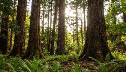 Fototapeta premium Sunlight filters through the lush green foliage of a tranquil forest path lined with pine trees during a vibrant spring season in nature