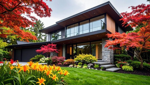 A charming old red brick house features wooden windows and a balcony box overflowing with summer flowers in a lush garden setting
