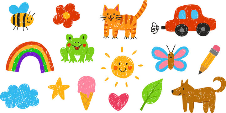 A set of cute children's hand-drawn illustrations, drawn with pencil, chalk, or marker.