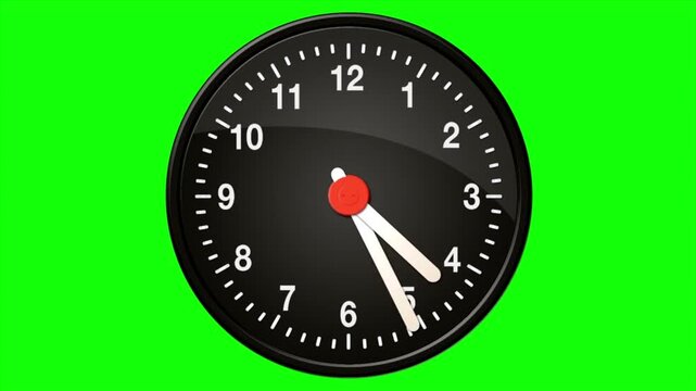 Analog wall clock isolated on green screen background time concept countdown timer animation seamless chroma key template