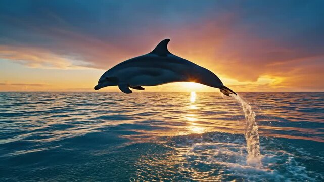 A magnificent dolphin leaps from the turquoise ocean waves at a breathtaking sunset, showcasing the beauty of marine life and nature.