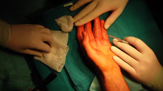 High angle close up of surgeons performing hand surgery in operating room.