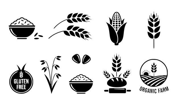 A set of black and white vector graphics depicting various organic farm and gluten free icons