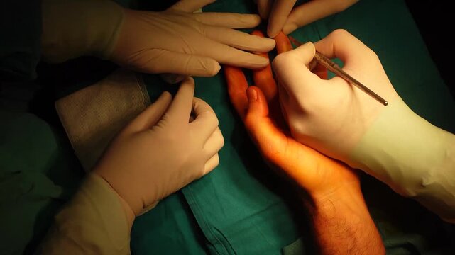 High angle close up of surgeons performing hand surgery in operating room.