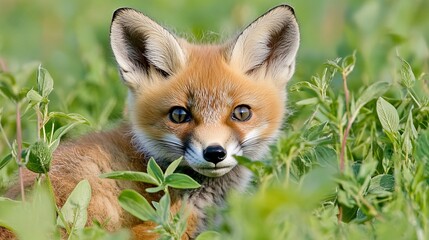 Fototapeta premium Curious Red Fox Kit Exploring Its Natural Habitat Among Vibrant Green Grass and Colorful Flowers