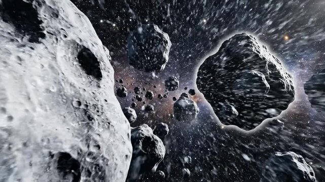 A dense asteroid field with numerous rocky celestial bodies floating in deep space
