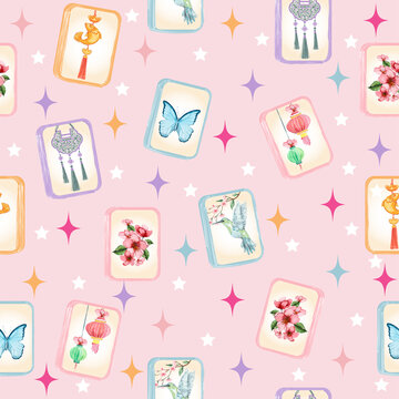 Seamless Mahjong Tiles Pattern with Flowers and Chinese Charms, Cute Pastel Chinoiserie Vector Design.
