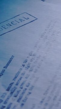 Vertical close-up scanning across classified papers in eerie blue lighting. Ideal for conspiracy, investigation and documentary themes.