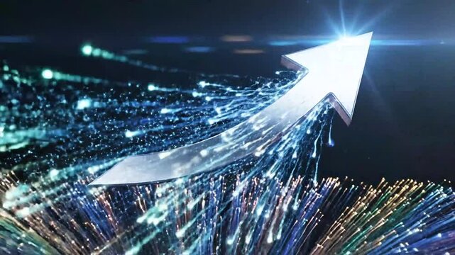 A large arrow soaring upwards amidst a futuristic cityscape at dusk with dynamic light trails and a high-tech ambiance captured from a low-angle viewpoint