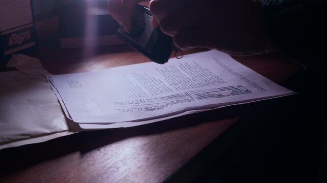 Low light scene of individual discreetly capturing images of confidential papers. Ideal for espionage, investigation and secrecy themes.