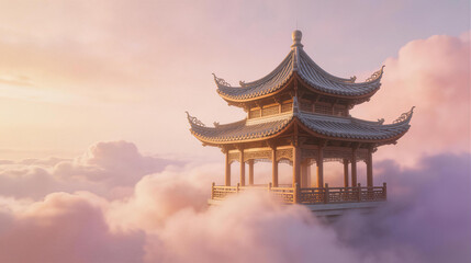 Obraz premium Traditional Chinese Pavilion Amidst Fluffy Clouds