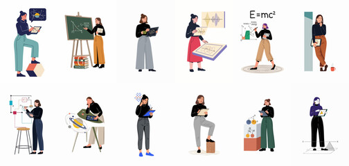 Diverse women scientists and mathematicians engaged in various fields of STEM, illustrating research, education, and innovation with modern tools and complex concepts. © ValentinaRestrepo