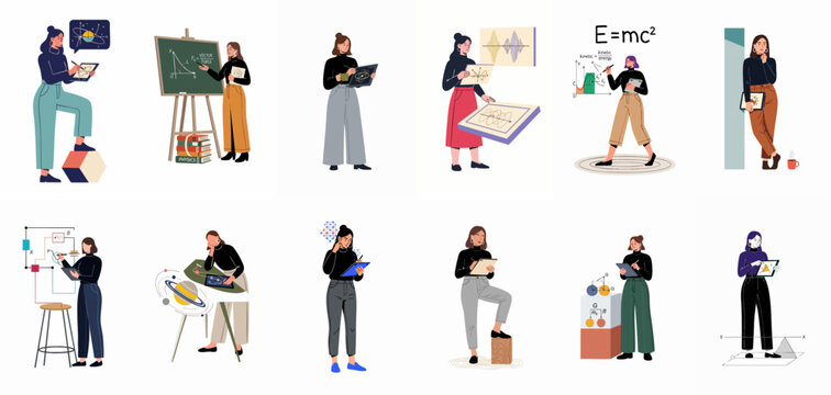 Diverse women scientists and mathematicians engaged in various fields of STEM, illustrating research, education, and innovation with modern tools and complex concepts.