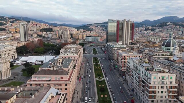 Aerial view of Genova Brignole station and city center, vibrant and bustling
