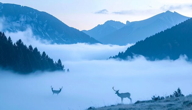 A serene alpine landscape featuring a snow-capped mountain range reflecting in a calm lake during a foggy sunrise