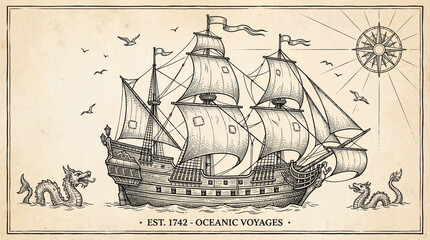 Vintage ship illustration, ocean travel, nautical adventure, sea monsters