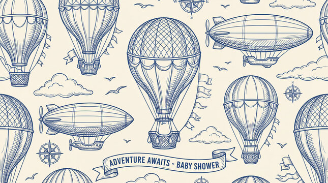 Vintage hot air balloons and airships baby shower background