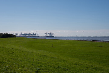 View of cranes from the port of Bremerhaven, Germany