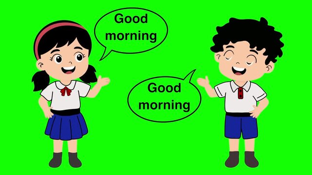 Cartoon moation of Thai primary school boy and girl students saying Good morning to each other, cute children in school uniforms with speech bubbles greeting in English on green screen