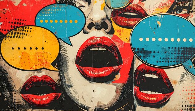 Vibrant pop art style collage with multiple open mouths and colorful speech bubbles, portraying dynamic communication and expression in a bold, retro comic book aesthetic