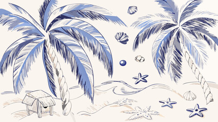 Blue tropical illustration featuring palm trees seashells and a beach hut © Indira